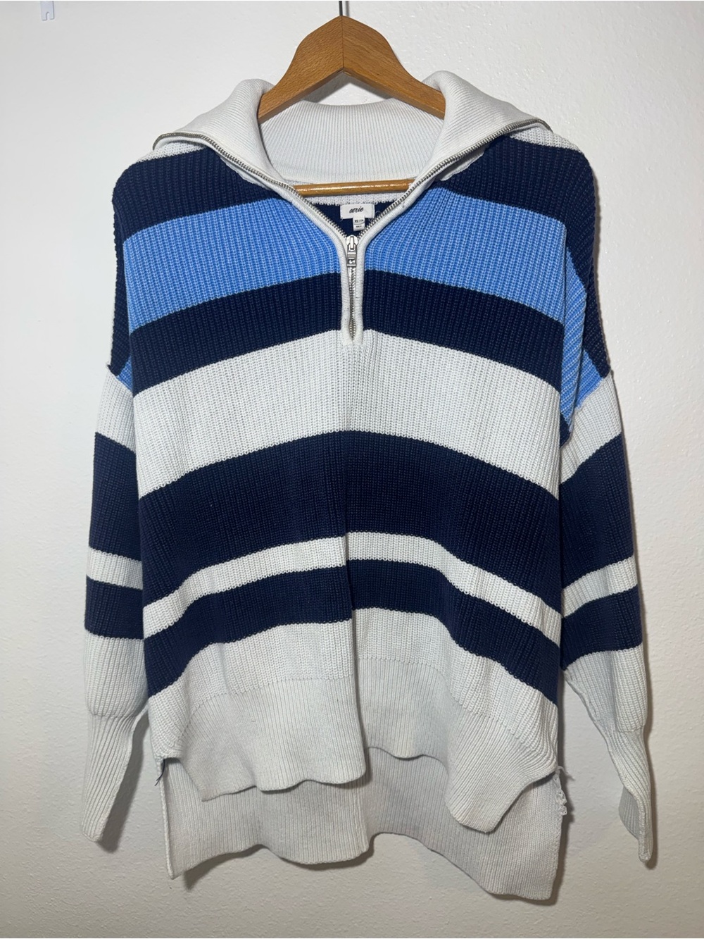 Women’s Aerie Oversized Blue & White Striped Half-Zip Sweater